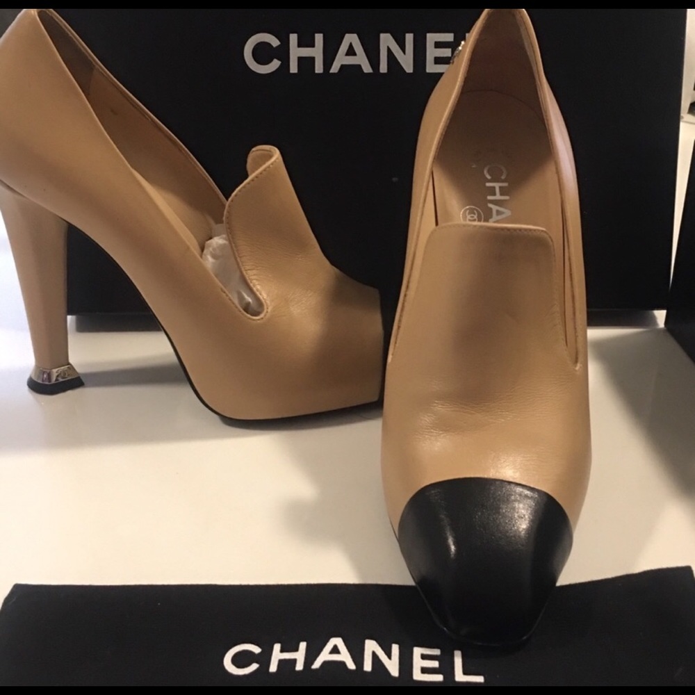 Chanel Two Tone Leather High Heel Loafer Pumps